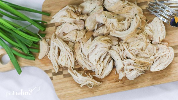 Shredded Ranch Chicken on a cutting board. 