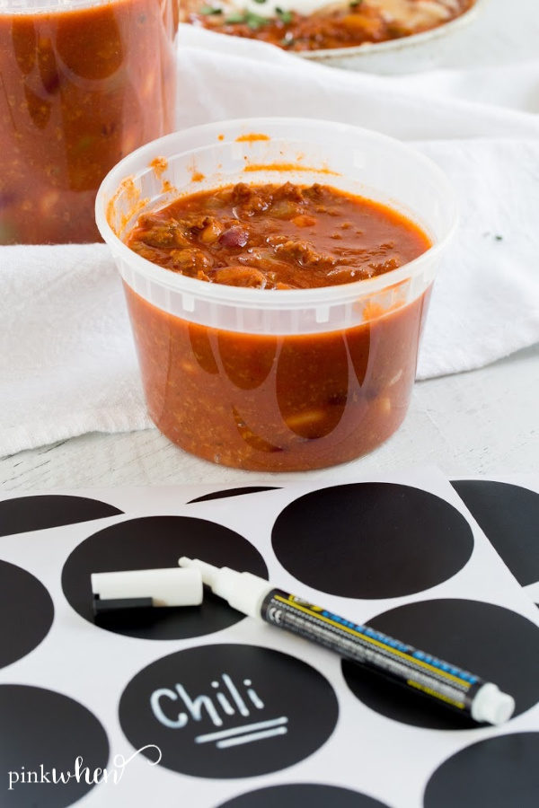 chili in a storage container for freezing with labels. 
