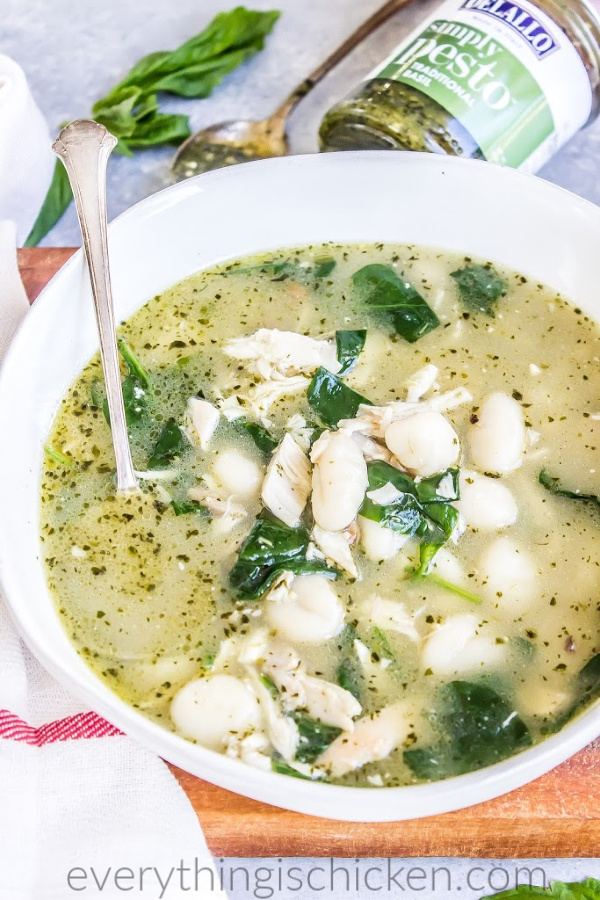 chicken gnocchi soup in a white dish. 