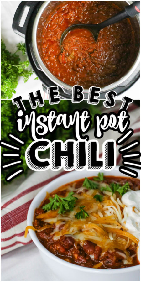 Instant Pot chili in a pressure cooker and in a bowl with cheese and sour cream. 