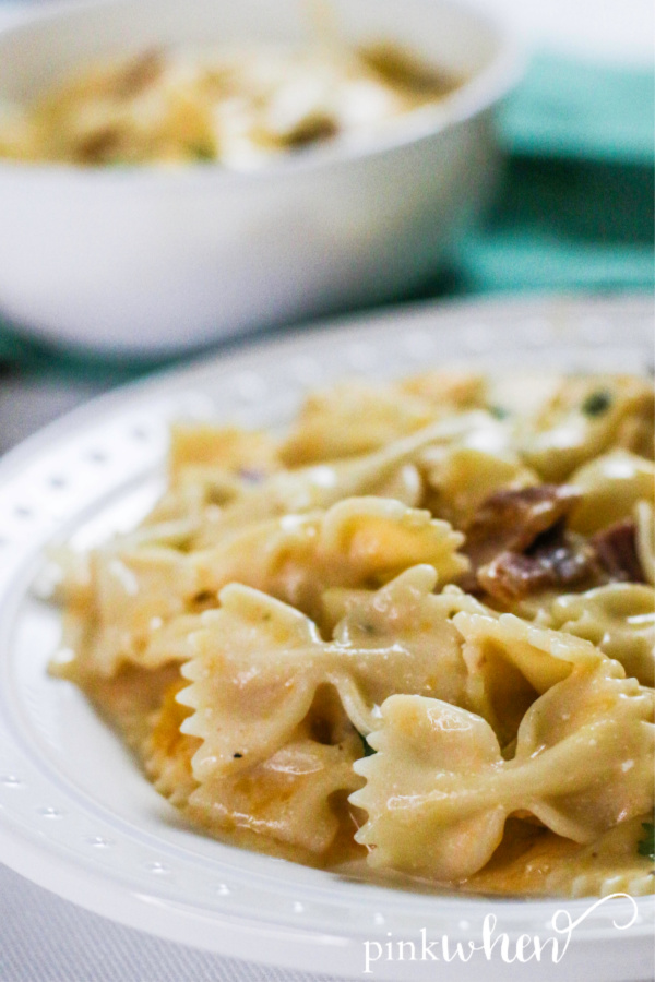 Instant Pot Crack Chicken Pasta in a white dish ready to serve. 