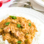 Crawfish Etouffee Recipe in a bowl of rice.