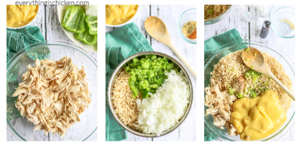 Steps for making Cheesy Chicken and Rice casserole. 