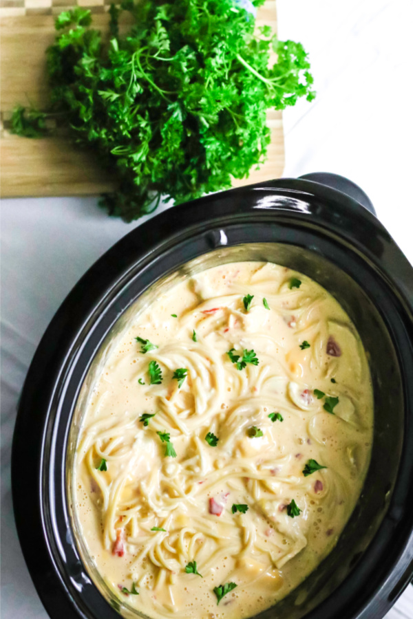 Chicken Spaghetti in the slow cooker ready to serve.