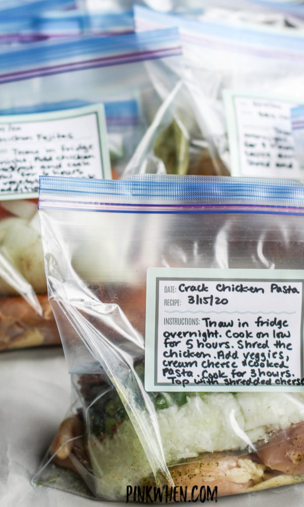Crockpot Freezer Meals packaged and ready to freeze. 