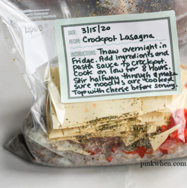 Crockpot Lasagna in Freezer Bag ready for freezer with instructions to cook. 
