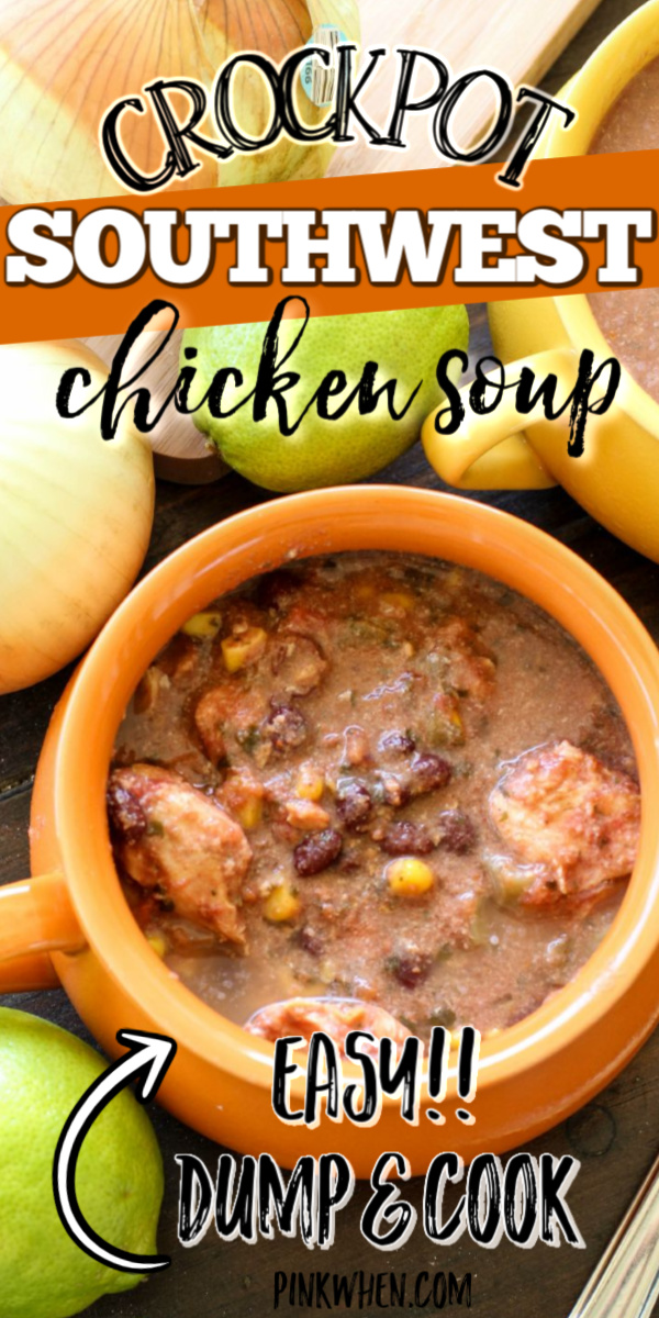 This Crockpot Southwest Chicken Soup is a creamy and chunky chicken soup that is full of southwestern flavors. Make with chicken, veggies, legumes, and more. It makes the perfect Crockpot Freezer Meal.
