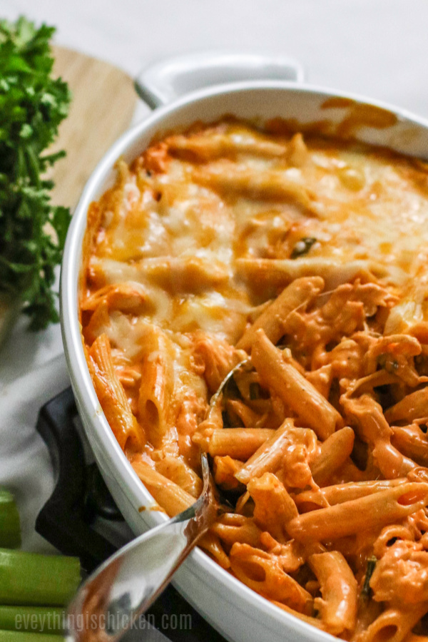 Buffalo Chicken Pasta in a white serving dish