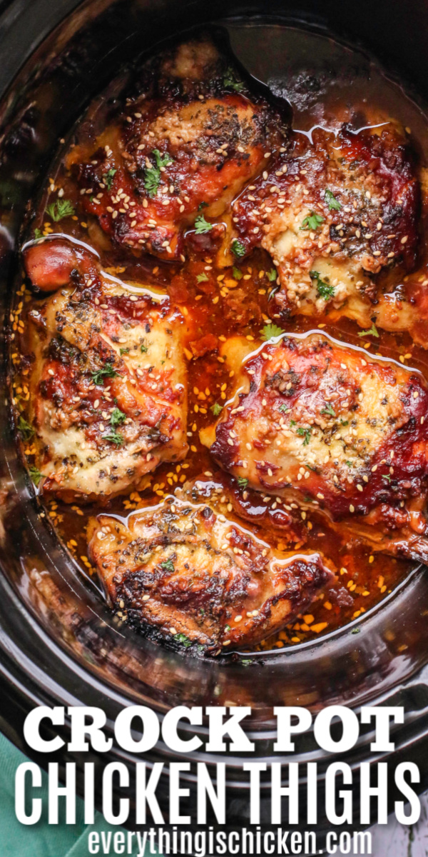 Crock Pot Chicken Thighs are tender and full of flavor with this simple sweet and spicy sauce and seasoning mixture. Delicious bone in chicken thighs are smothered with a blend of spices and garlic and covered in a mouthwatering sauce. It’s an easy family dinner everyone enjoys, so don’t expect any leftovers!