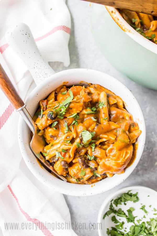 Gluten Free Pumpkin Chicken Enchilada Pasta in a bowl ready to serve.