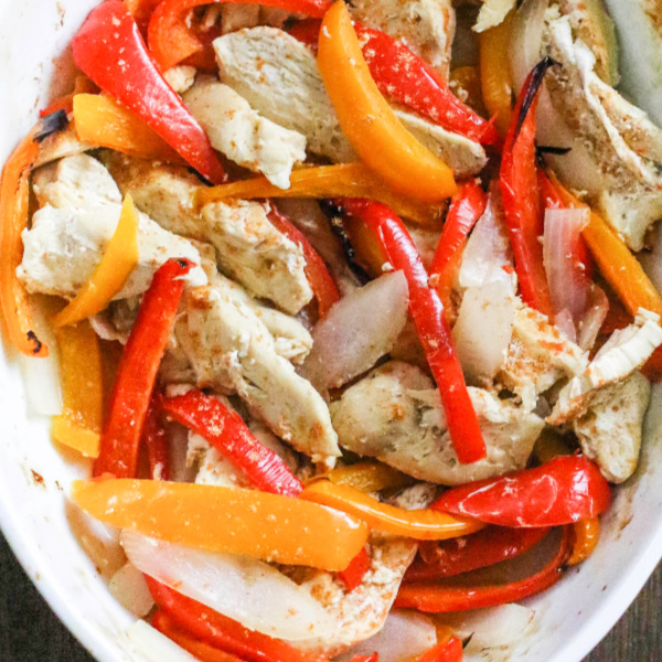 Baked chicken fajitas in a casserole dish