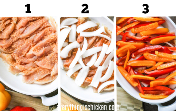 Step collage on how to make oven baked chicken fajitas