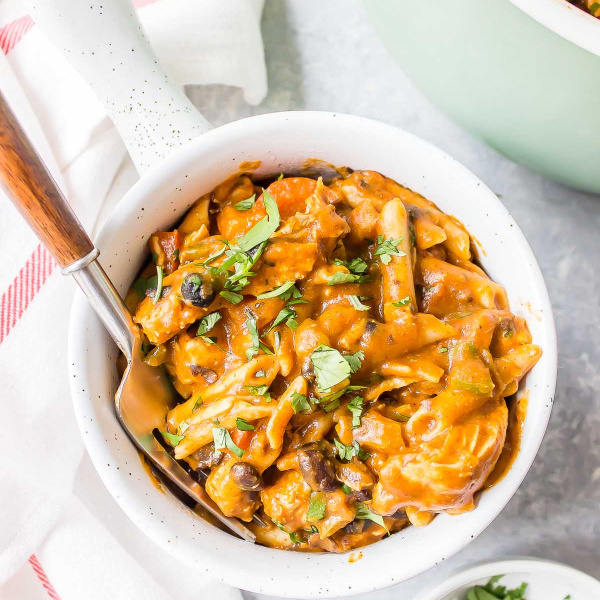 pumpkin chicken enchilada pasta in a bowl