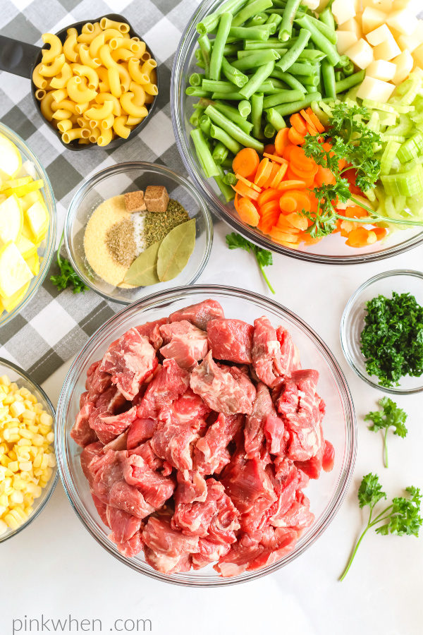 Vegetable beef stew ingredients.