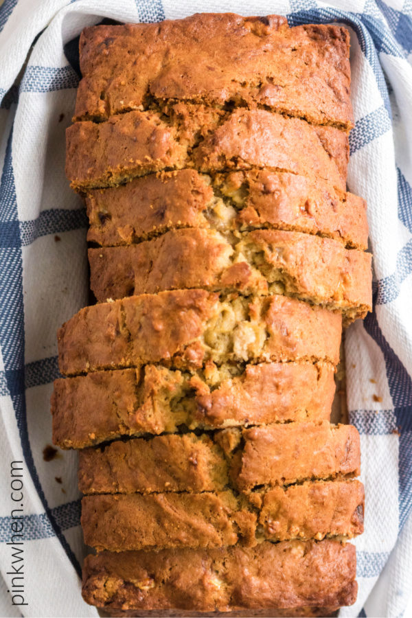 Banana bread is sliced and ready to serve. 