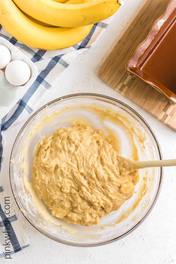 Ingredients for banana bread mixed together. 