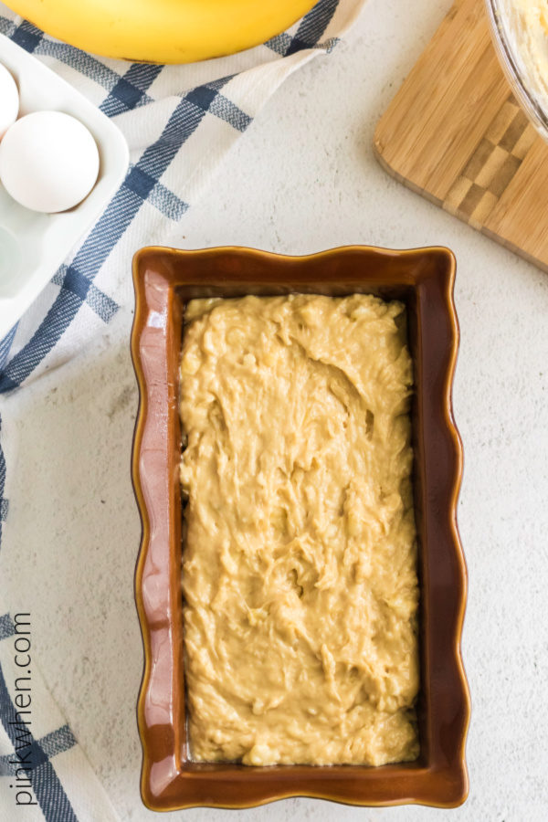Banana bread dough placed into a pan and ready to bake. 