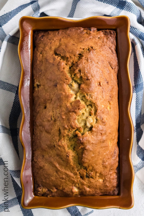Banana bread removed from the oven and cooling before slicing and serving. 