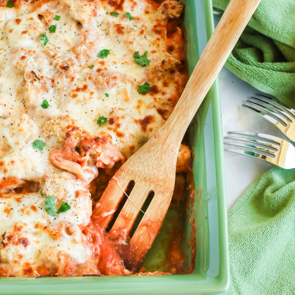 Chicken parmesan casserole in a serving dish.
