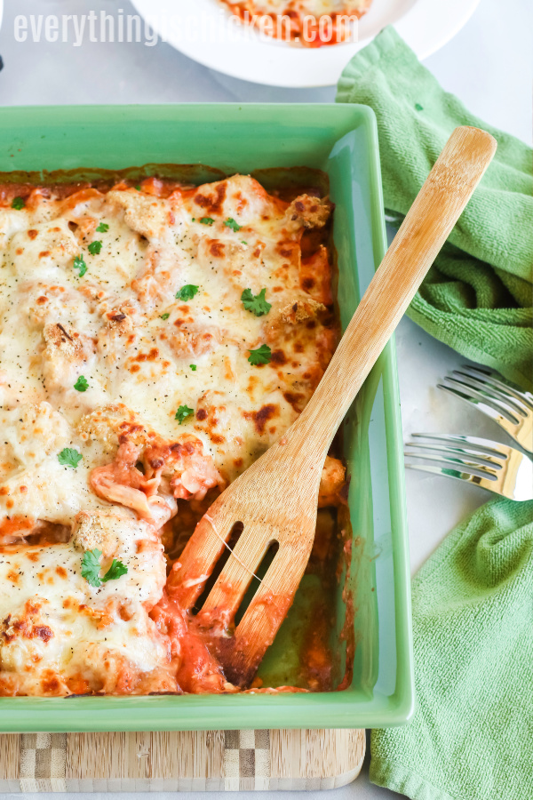 Chicken Parmesan Casserole scooped and ready to serve. 