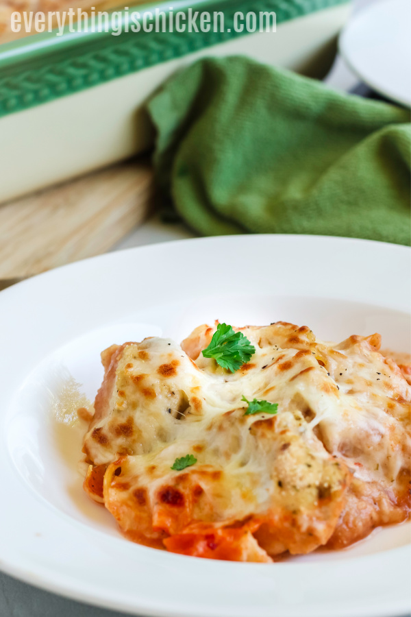 Chicken Parmesan Casserole in a dish ready to serve. 
