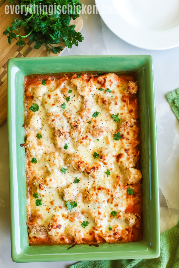 Chicken Parmesan Casserole in a casserole dish. 