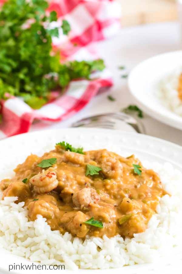 Crawfish Etouffee served in a bowl over rice. 