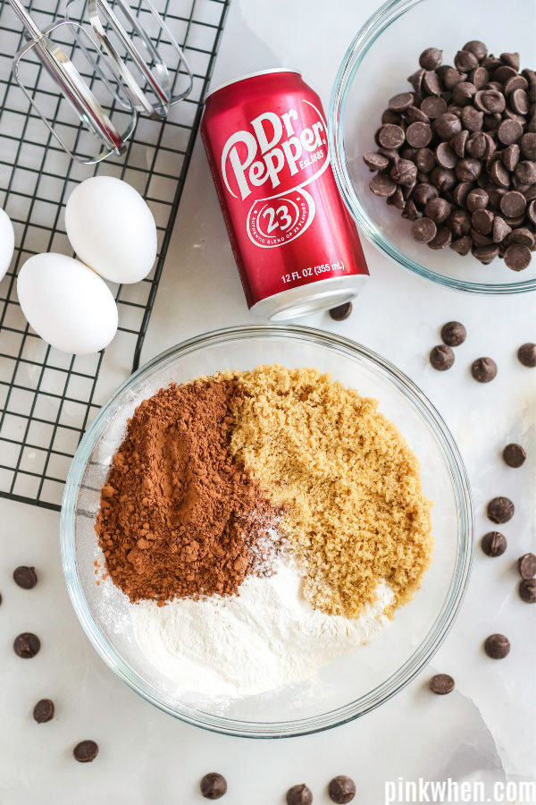 Ingredients needed to make Dr. Pepper brownies. 