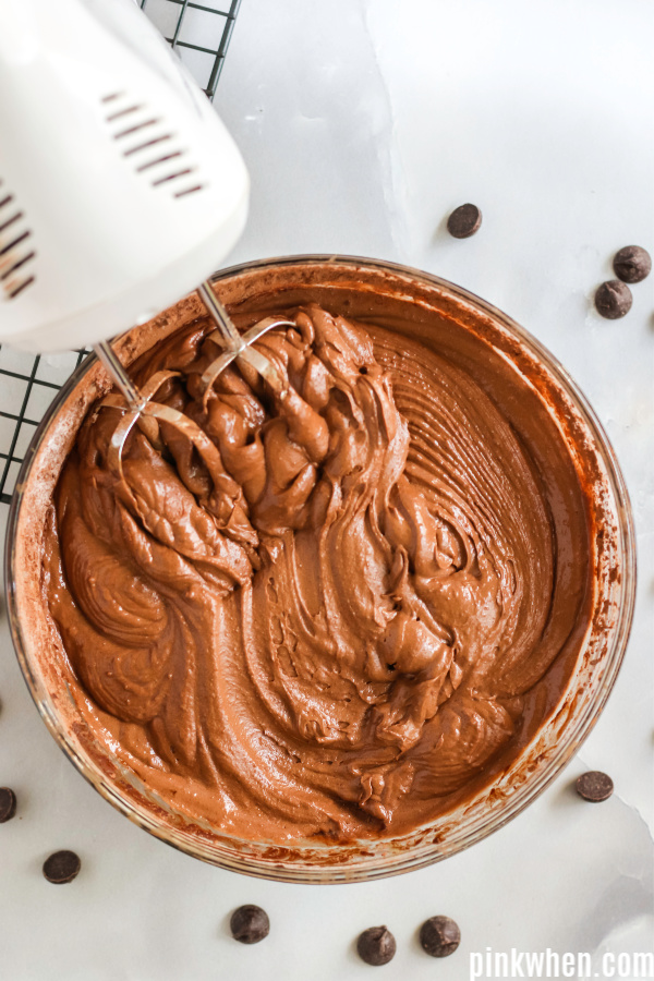Dr. pepper brownie ingredients all mixed in a bowl. 