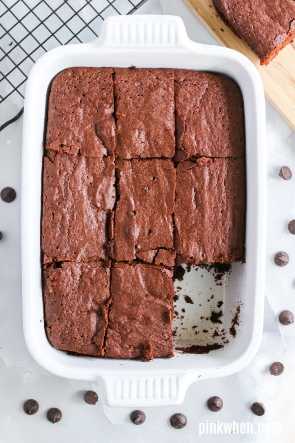 Dr. Pepper brownies in a dish after baking. 