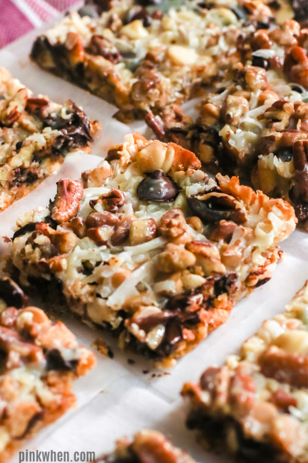 Magic Cookie Bars cut and ready to serve.