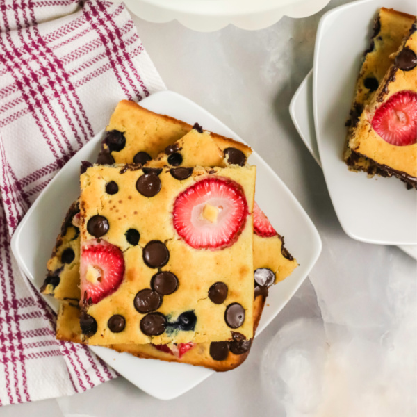 Sheet Pan pancakes cut and ready to serve.