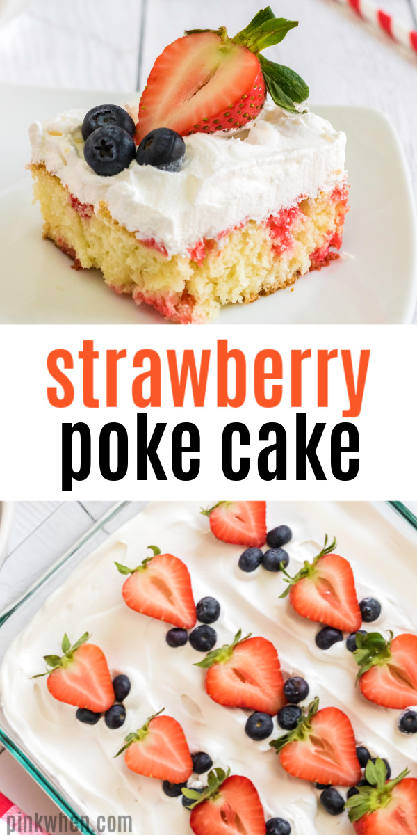 This Strawberry Poke Cake is one of my favorite, easy, dessert recipes. Made with a moist white cake mix, strawberry gelatin mixture, whipped cream, and strawberries to top it off. It’s a light and fresh cake your whole family is sure to enjoy.