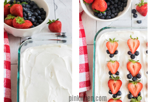 FInal steps to make a strawberry poke cake. 