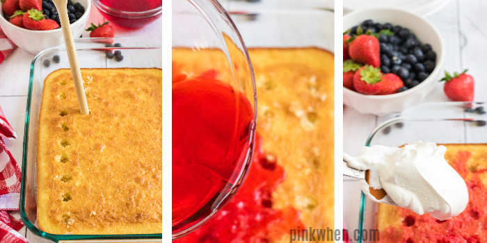 Step by step photos on how to make a strawberry poke cake.
