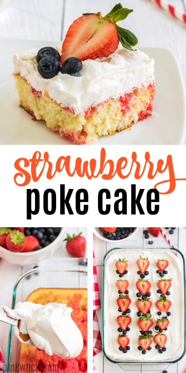 This Strawberry Poke Cake is one of my favorite, easy, dessert recipes. Made with a moist white cake mix, strawberry gelatin mixture, whipped cream, and strawberries to top it off. It’s a light and fresh cake your whole family is sure to enjoy.