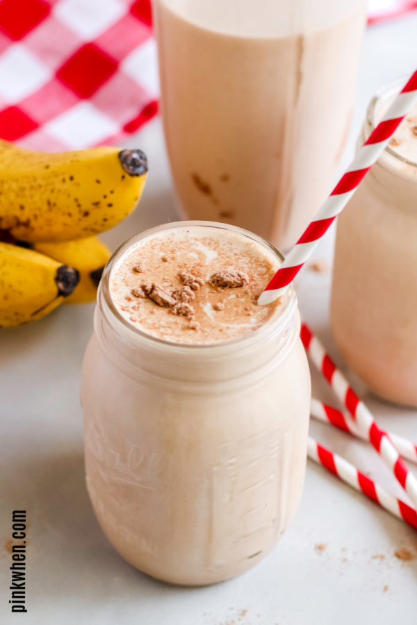 peanut butter banana smoothie with chocolate on top.