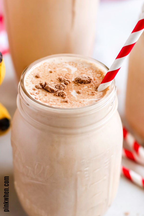 Peanut butter banana smoothie in a mason jar.