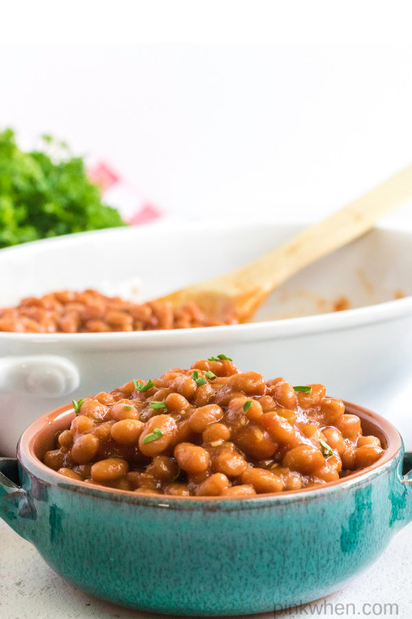 Baked  beans scooped in a bowl and ready to serve. 
