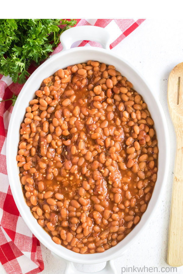 Baked beans in a casserole dish and ready to serve. 