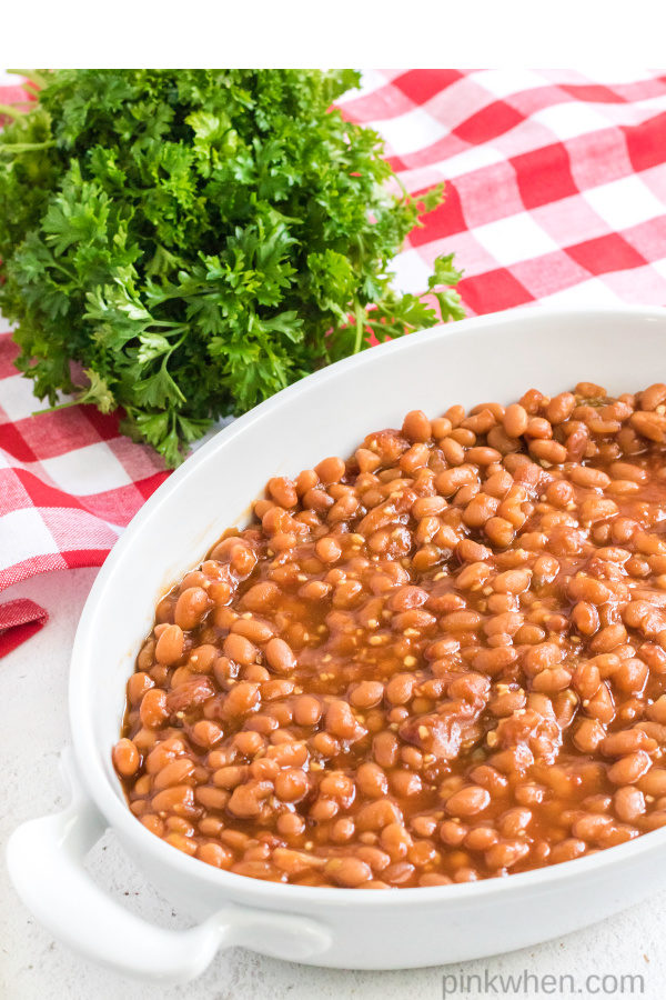 baked beans in a casserole dish ready to serve. 