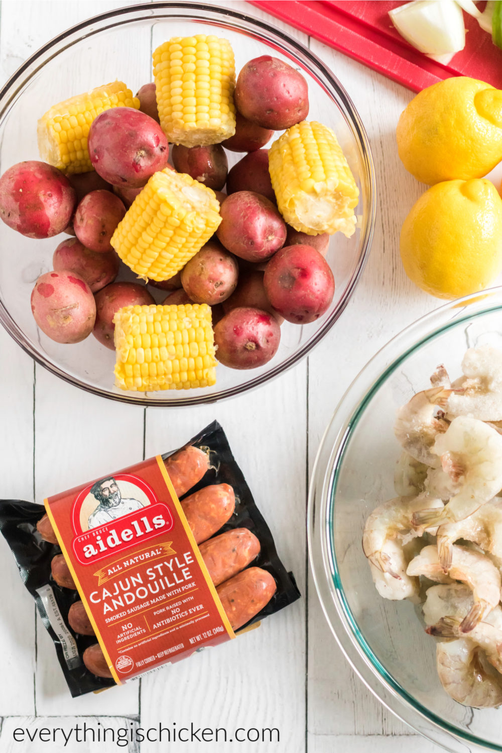 Ingredients needed for a cajun seafood boil. 
