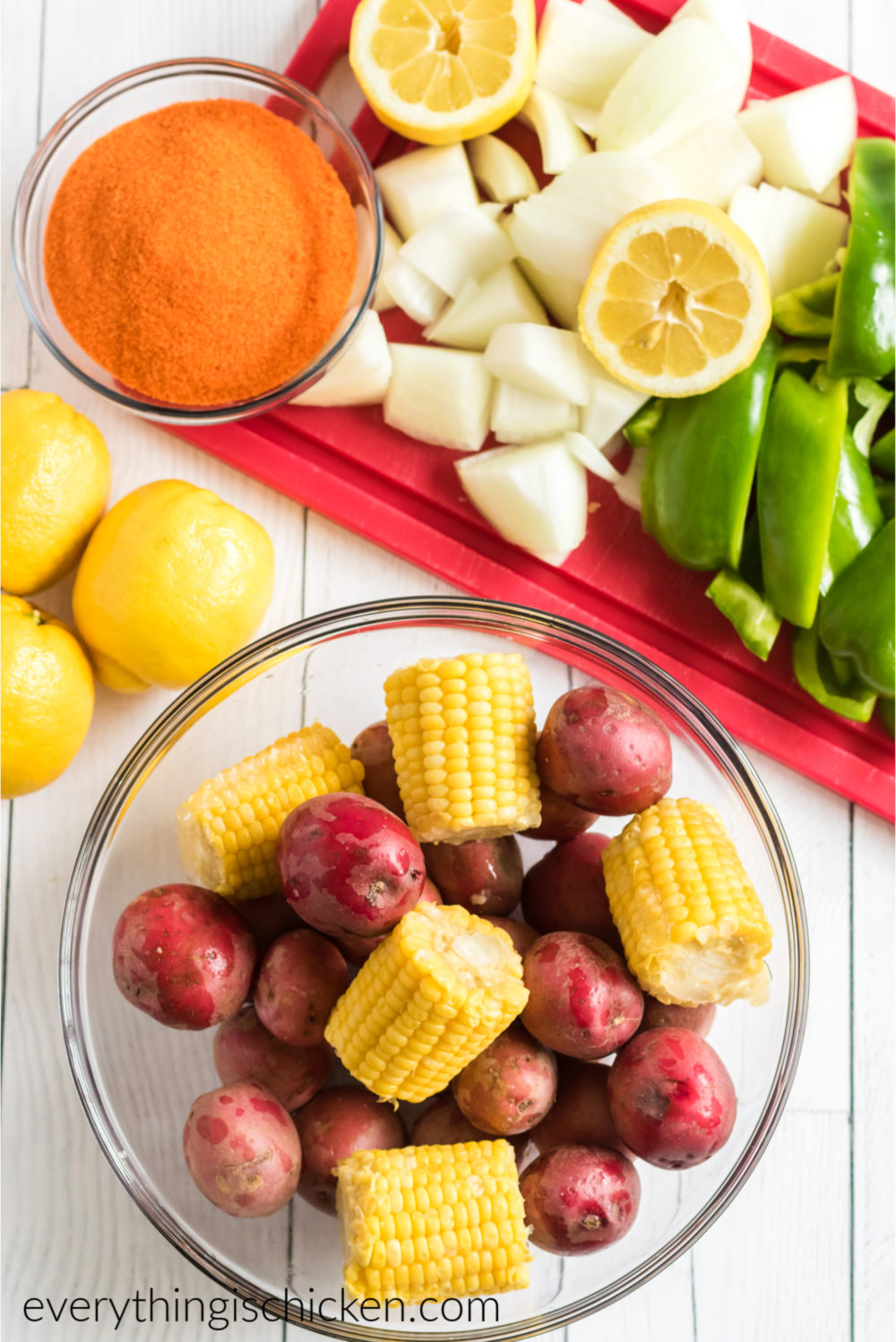 Ingredients needed for a crab boil. 
