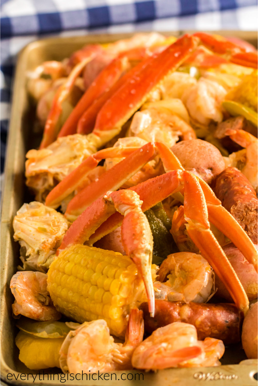 Corn and shrimp, crab, and Aidell's sausage ready to serve.