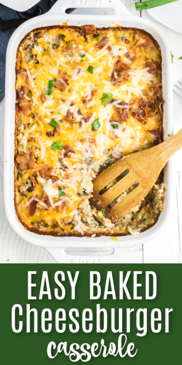 This easy cheeseburger casserole recipe is made with ground beef, shredded cheese, crumbled bacon, rice, and more! It's a hearty meal that packs in a ton of flavors and tastes.