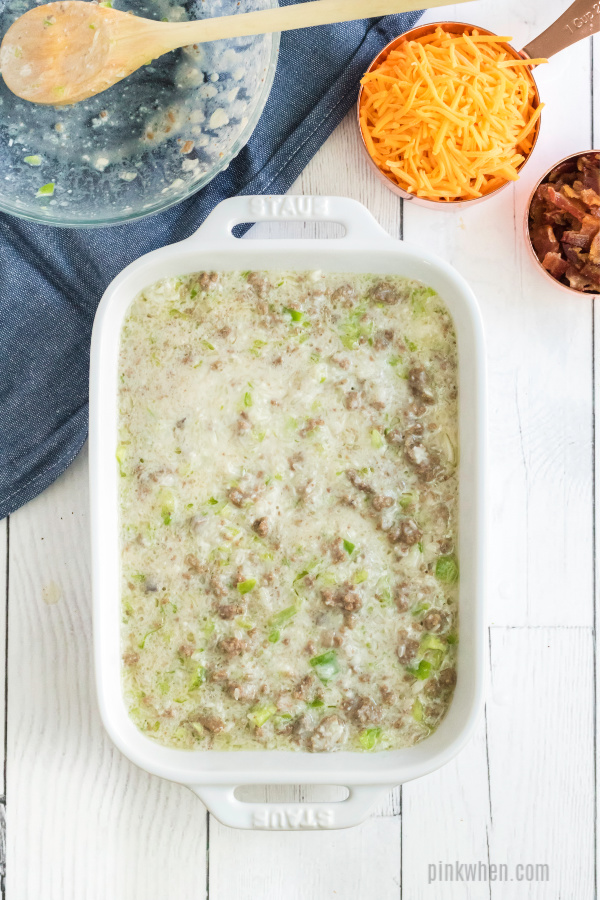 casserole ingredients poured into a 9 x 13 dish.
