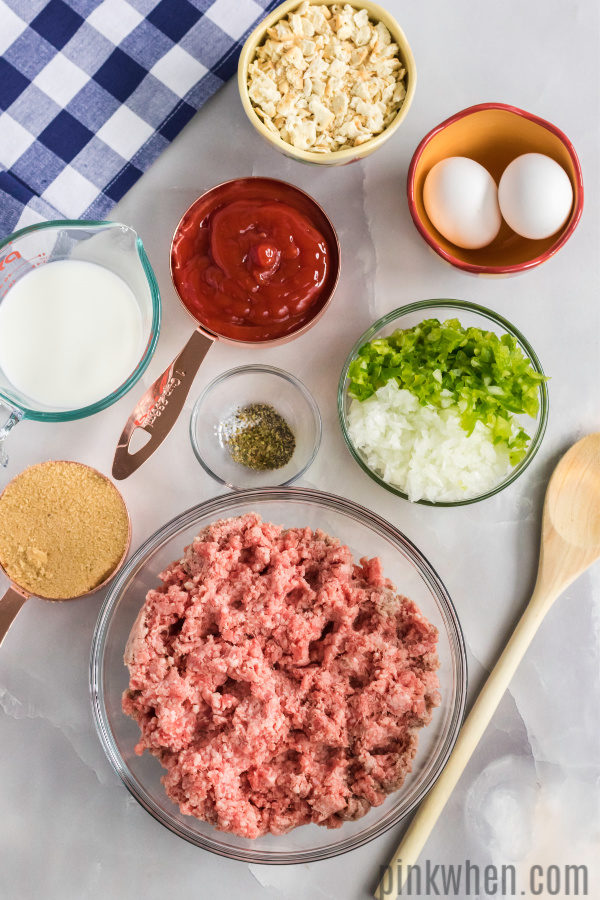 Ingredients to make a homemade meatloaf recipe. 