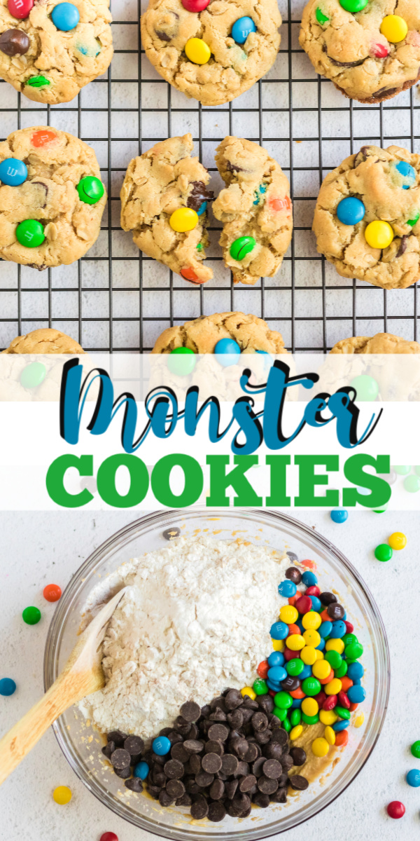 Monster cookies are made with all of my favorite ingredients! Oats, peanut butter, chocolate chips, M&M's, brown sugar, and more. This chewy, delicious monster cookie recipe is one that gets gobbled up so fast you should consider doubling the recipe.