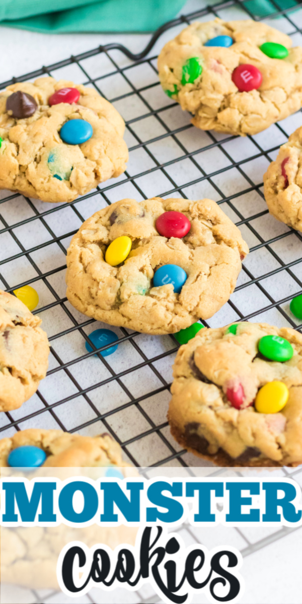 Monster cookies are made with all of my favorite ingredients! Oats, peanut butter, chocolate chips, M&M's, brown sugar, and more. This chewy, delicious monster cookie recipe is one that gets gobbled up so fast you should consider doubling the recipe.