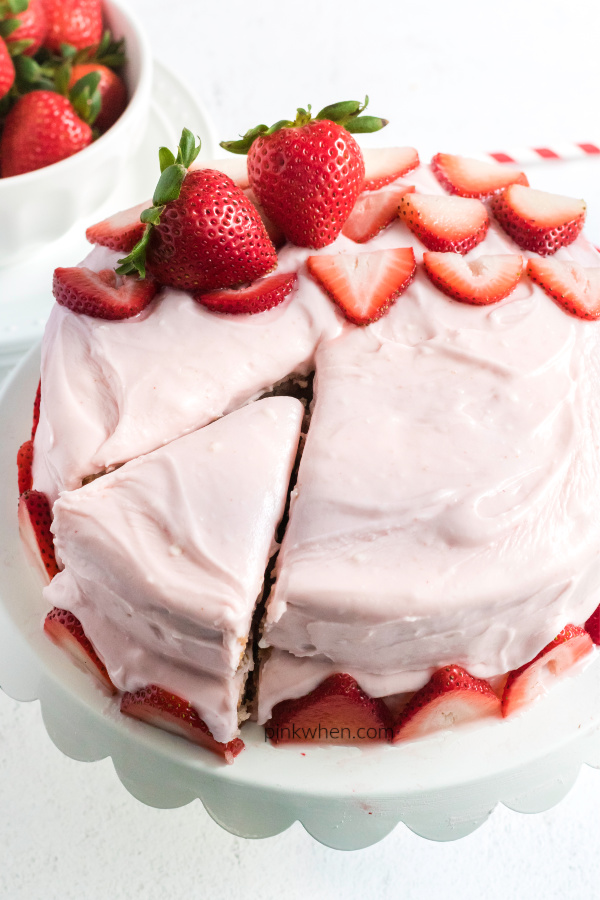 Strawberry Cake with Strawberry Cream Cheese Frosting - sliced and ready to serve. 